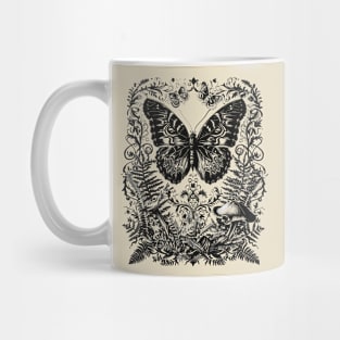 Butterfly Dreamscape: Intricate Woodcut Wonderland Mug